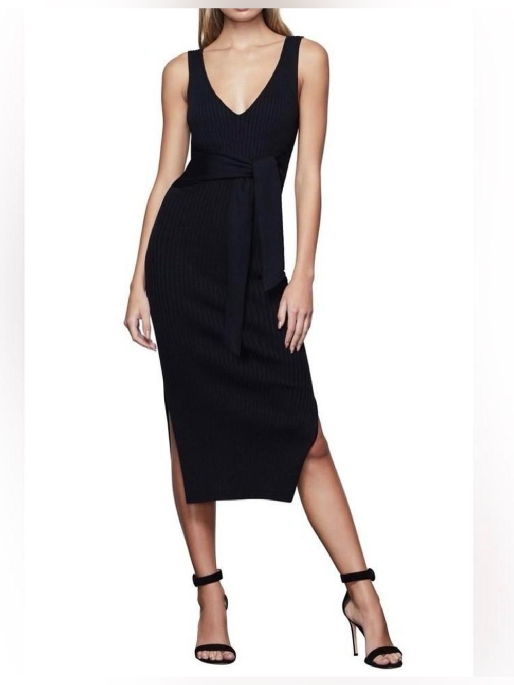 Good American Black Ribbed V‑Neck Midi Dress with Waist Tie
